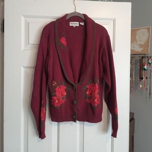 Vintage 90s Y2K Breckinridge Medium Cotton Knit Roses Floral Cardigan Sweater